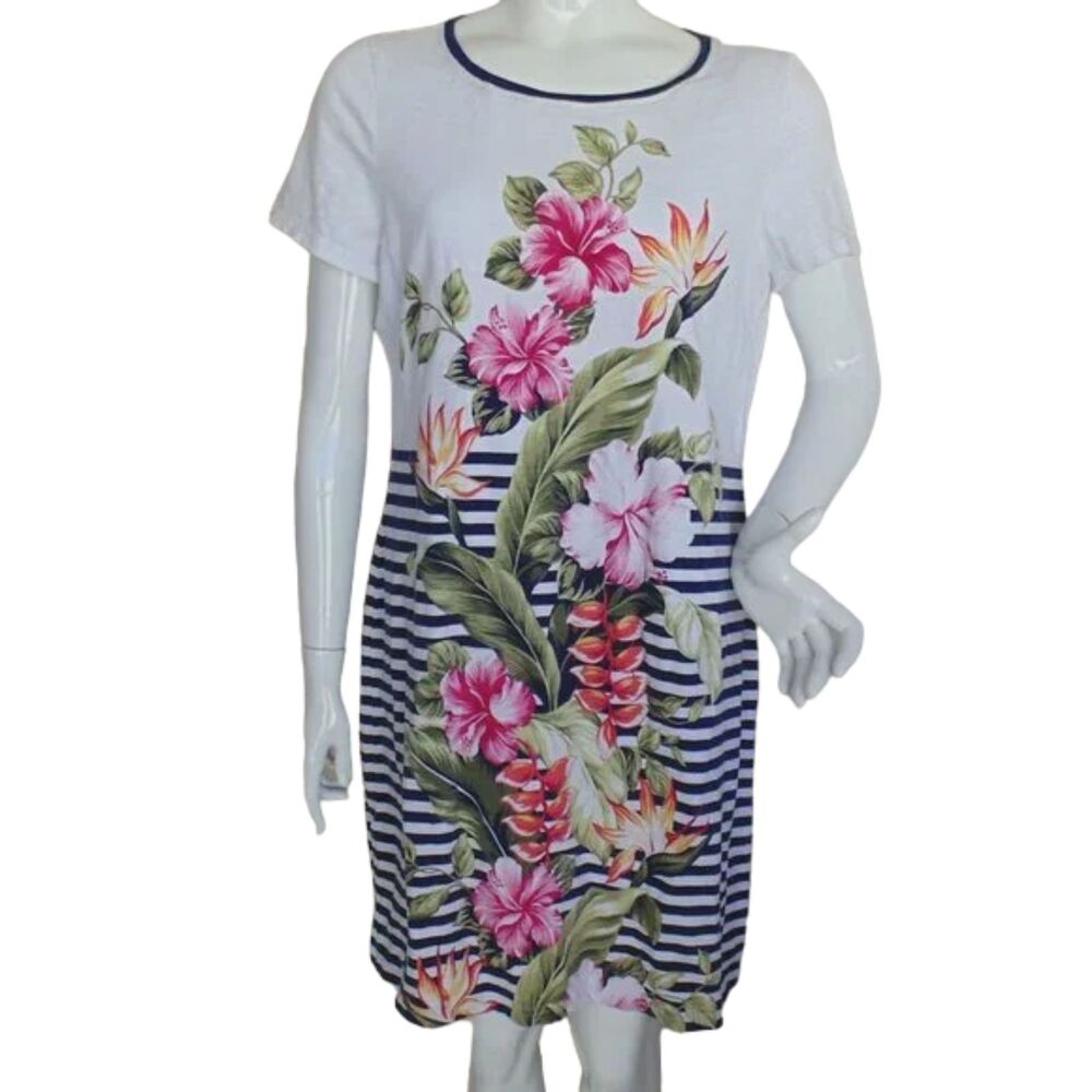 TOMMY BAHAMA Dress, L, White, Blue stripes, Floral print, Short sleeves, Jersey